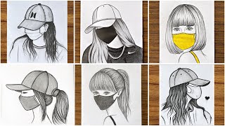 6 easy Girl with mask drawing  Easy drawing ideas for girls  Pencil sketch drawing for beginners [upl. by Akcinat]