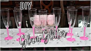 DIY PINK GLITTER CHAMPAGNE GLASS DECOR IDEA  DIY BRIDE  DIY BRIDALBABY SHOWER  DOLLAR STORE DIY [upl. by Bonni994]