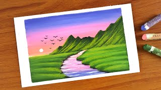 Easy Oil pastel Green Hills Scenery Painting for beginners  Oil Pastel Drawing [upl. by Hunsinger]