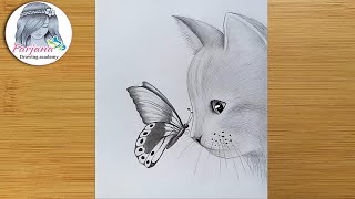 How to draw a cat with butterfly  pencil sketch for beginners  step by step drawing [upl. by Ehcram]