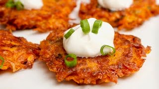 Cheesy Sweet Potato Latkes Recipe [upl. by Epuladaugairam]