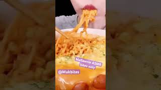 Mellawnie ASMR cheesy carbo noodles fried sausages mukbang bites only shorts viral fyp new food [upl. by Tnahsin]