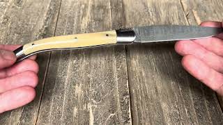 40 seconds French knife review Au Sabot laguiole damascus steel and horn tip handle [upl. by Ayirp]