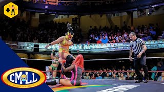 CMLL  Zeuxis Reyna Isis y Persephone derrotan a La Catalina Lluvia y Kira [upl. by Artenehs]