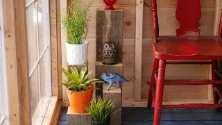 DIY scrap wood plant stands in a salvaged material greenhousecabin flea market finds [upl. by Corty536]