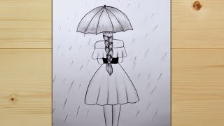 How to Draw A Girl With Umbrella EasySteps  Rainy Season Drawing Easy  RainyDay Drawing [upl. by Adranoel]