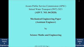 APSC AE Inland Water Transport Assistant Engineer Mechanical Engineering 2021 [upl. by Chariot]