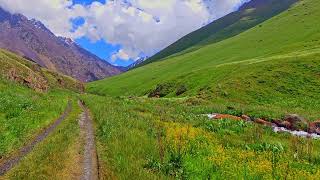 Scenic Mountain Valley with green foothill slopes dirt road and stream of water [upl. by Rennug]