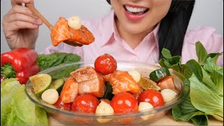 SPICY SALMON CUBE SALAD BIG BITE ASMR EATING SOUNDS  LIGHT WHISPERS  SASASRM [upl. by Arreyt]