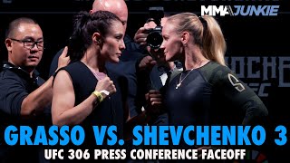 Alexa Grasso Valentina Shevchenko Hug after UFC 306 Press Conference Faceoff  Noche UFC [upl. by Bloch]