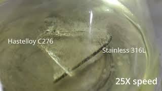 Demonstration of stainless 316L corrosion compared to Hastelloy in concentrated hydrochloric acid [upl. by Akahs946]