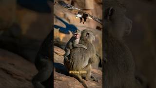 A baby baboon clings tight as a martial eagle circles above wildlife animals nature [upl. by Alarice]