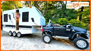 Camping adventure with kids RV trailer and ride on truck sleeping in camper Educational  Kid Crew [upl. by Wisnicki]