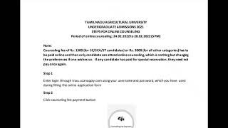 TNAU COUNSELLING 2022  COUNSELLING FEES PAYMENT DETAILS OTHERS 3000  1500 SC SCA ST [upl. by Mehala]