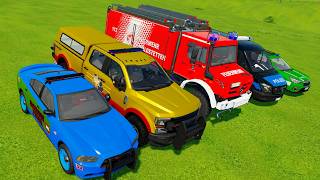 ALL POLICE CARS OF COLORS  COLOR MOTORS  TRANSPORTING COLORED POLICE CARS with TRUCKS  FS22 [upl. by Rabush]