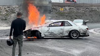 S13 flipped amp caught on fire Drift day didn’t go as planned…Bihoku claims another car [upl. by Pryor]