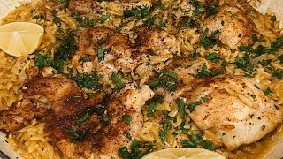 One Skillet Crispy Chicken Thighs amp Creamy Lemon Garlic Orzo [upl. by Homere]