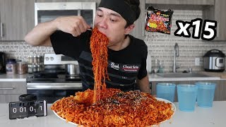 Most Korean Fire Noodles Ever Eaten x15 Packs  불닭 볶음면 도전 [upl. by Terchie]