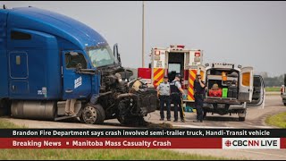 445 UPDATE Brandon Fire Department says crash involved semitrailer truck HandiTransit vehicle [upl. by Acimot648]