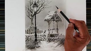 Beautiful landscape scenery drawing by charcoal pencil easy [upl. by Berners]