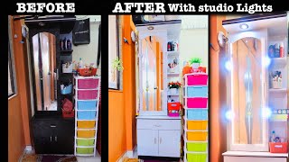 Makeover  Organization of Small Dressing Table  With studio light  DIY [upl. by Gil]