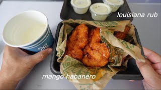 EATING WINGSTOP TENDERS MANGO HABANERO AND LOUISIANA RUB MUKBANG [upl. by Nnek954]