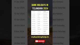 Telangana Bank Holidays in 2024 OCT NOV DEC shorts bankholidays [upl. by Enelear]