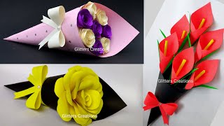 3 DIY Paper Flower BOUQUETBirthday Gift ideasFlower Bouquet making at Home [upl. by Enelyar]