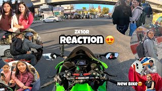 Cute Girl Reaction on Kawasaki Zx10r  Bunny Helmet Cover  Market Reaction 4 z900 kawasaki cute [upl. by Casi]