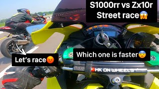 Zx10r vs Bmw S1000rr street race on highway😨 S1000rr vs Zx10r wheelie battle😱 [upl. by Nalda]