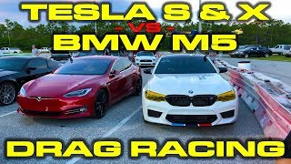 Tesla Model S and X P100D Ludicrous vs 600HP 2018 BMW F90 M5 14 Mile Drag Racing with VBOX Data [upl. by Hum]