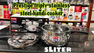 PRESTIGE SVACHH TRIPLY STAINLESS STEEL HANDI PRESSURE COOKER 5L REVIEW  TRIPLY STEEL COOKER [upl. by Anirazc]