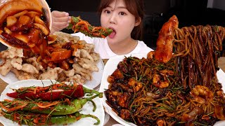 Mukbang 밀키트로 만든 쟁반짜장과 사천탕수육 오이고추김치 먹방  Jjajangmyun  Tangsuyuk  Gochu Kimchi [upl. by Kalina]