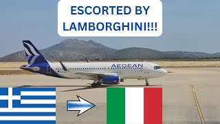 TRIP REPORT  FIRST TIME WITH AEGEAN  ESCORTED BY LAMBORGHINI  AIRBUS A320  ATHENS TO BOLOGNA [upl. by Duggan]