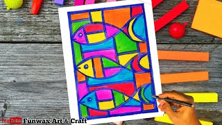 Cubism art drawing tutorial of fish for kids in easy steps  Draw Fish easy geometric drawing [upl. by Tubb]