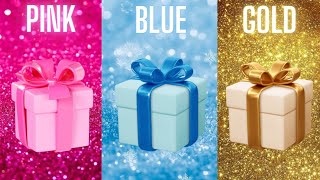 Choose your gift 🤩💝🤮  3 gift box challenge  Pink Blue Gold pickonekickone giftboxchallenge [upl. by Yslek133]