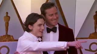 Oscars 2018 Arrivals Timothée Chalamet and Armie Hammer  ScreenSlam [upl. by Vonni]