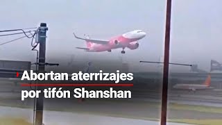 Momentos de tensión Aviones abortan su aterrizaje por vientos del tifón Shanshan en Japón [upl. by Ivel]