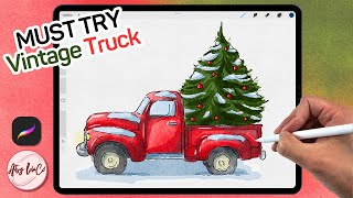 WATERCOLOR Vintage Red Truck with Christmas Tree Tutorial on Procreate in EASY Steps [upl. by Ambrogino]