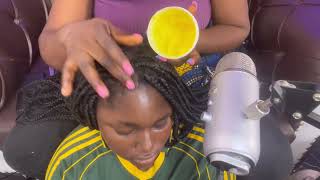 ASMR✨scalp greasing between my sisters long braids with gum cracking sound [upl. by Nanreik]