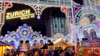 Zurich main station walk Christmas Market Bahnhofstrasse Illuminarium 4K 60 fps December 2022 [upl. by Fisher]