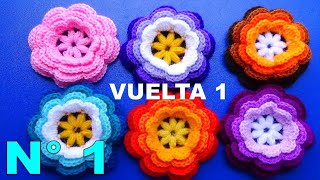 Vuelta 1 Como tejer la Flor N° 1 a crochet para aplicar en tapetes centros de mesa [upl. by Coates]