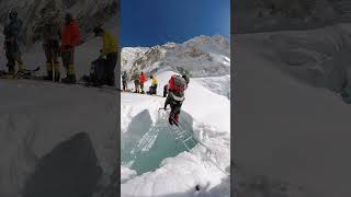 Dangerous Mount Everest crevasse  Sherpa crosses with expert skill Everest mountains shorts [upl. by Euqinu]