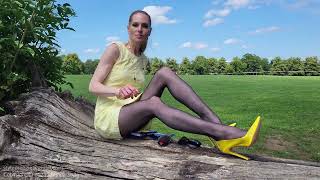 Emma Kroos Yellow Gauzy Dress Nylon Black Pantyhose Yellow Glossy Heels Review [upl. by Ennad]