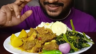 EATING DELICIOUS BEEF CURRY WITH PUI SHAK WHITE RICE AND SALAD  BENGALI FOOD EATING [upl. by Ahsaeym]