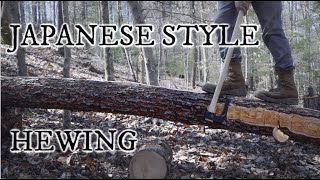 Japanese style hewing a curvy pine log with new bearded axe and draw knife [upl. by Ruelu]