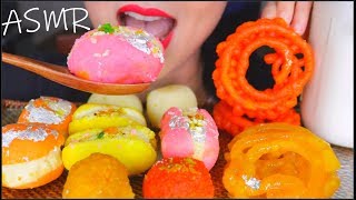 ASMR EATING INDIAN SWEETS DESSERTS  RASGULLA  JALEBI  LADOO  CHUM CHUM  COLD MILK 咀嚼音  먹방 [upl. by Glogau751]