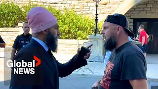 quotGot something to sayquot NDPs Jagmeet Singh confronts heckling protesters outside Parliament [upl. by Aenitsirhc]