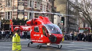 London Air Ambulance taking off from Cambridge Circus Soho London [upl. by Rihaz]