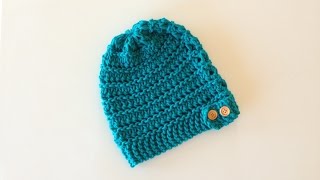 How to Loom Knit a Lace Slouchy Beanie Hat with a Button Band DIY Tutorial [upl. by Yssenhguahs798]